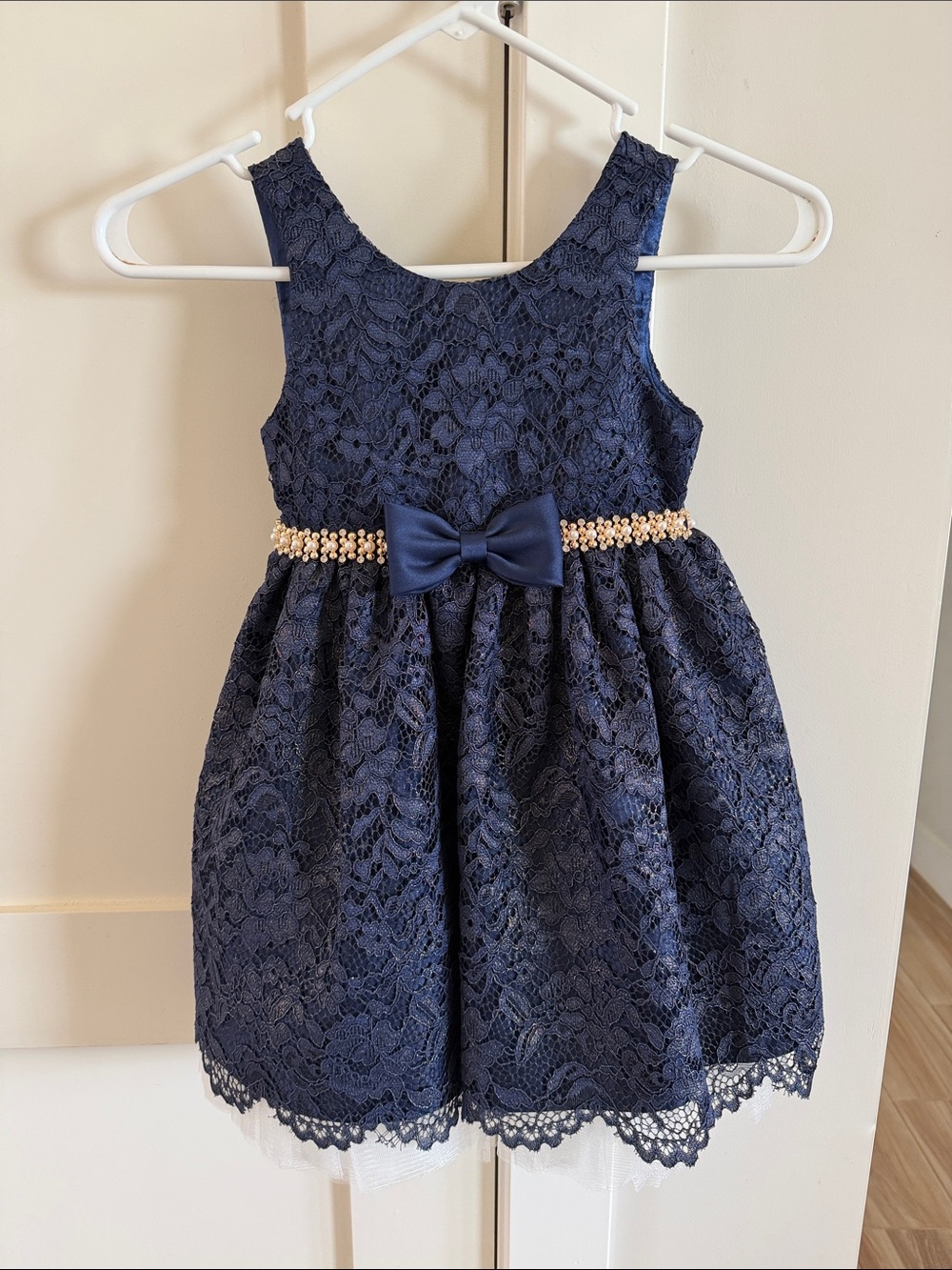 American Princess Navy Lace Dress with Pearl Waist Bow